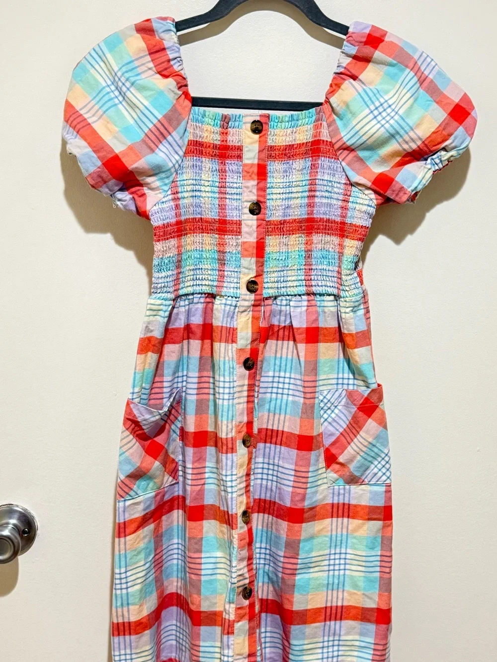 wonder nation Red Multi-Color Plaid Puff Sleeve Button-Front Dress